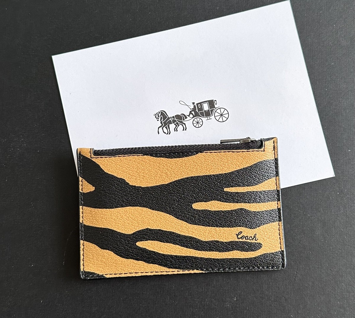 COACH TIGER LEATHER ZIP CARD CASE HONEY/BLACK/RED C6935 EUC | eBay