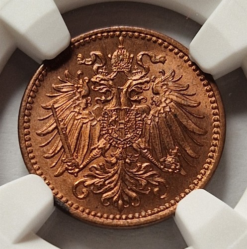 AUSTRIA HUNGARY Empire 1 Heller 1902 NGC MS 66 RB UNC Red TOP POP! #058 - Picture 2 of 6