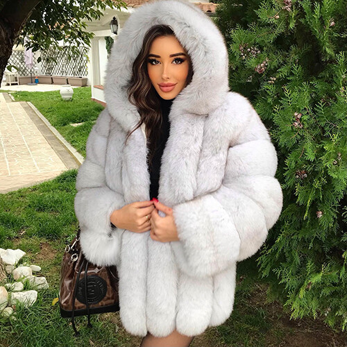 Women Full Pelt Natural White Real Fox Fur Coat Hooded Jacket Overcoat Outwear - Bild 3 von 16
