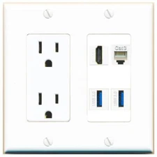 HD PHONE 2 USB-3 Port Wall Plate w/Power Outlet White