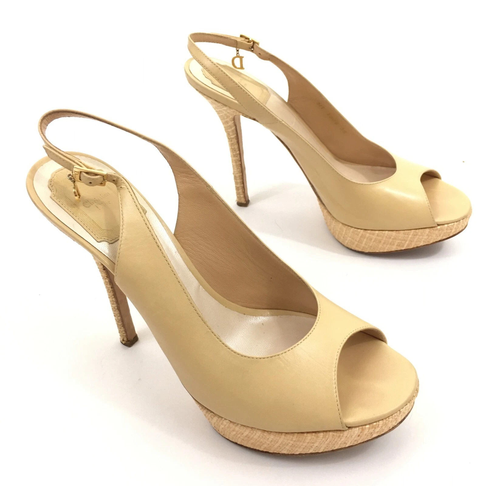 Talons plateforme raphia bout ouvert cuir à bride beige Dior taille EU 39