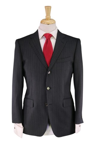 Paul Stuart Black Herringbone Pinstripe 3-Btn Wool Suit 38S