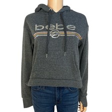 Bebe Sport Womens Sequin Hoodie Sweatshirt Pullover Dark Heathered Gray Small