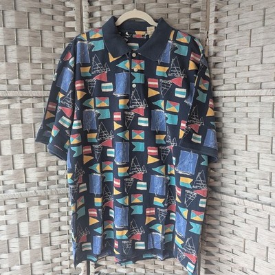Vtg Nautical Sailboat Signal Flag Polo Shirt Navy Blue Cotton Mens L Maritime