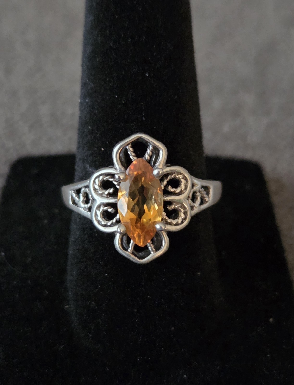 Vintage Citrine Marquise Cut Filigree 925 Sterling Silver Ring Size 7