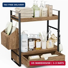 2-Tier Bathroom Counter Organizer, Wooden Vanity Shelf with Drawer  Basket