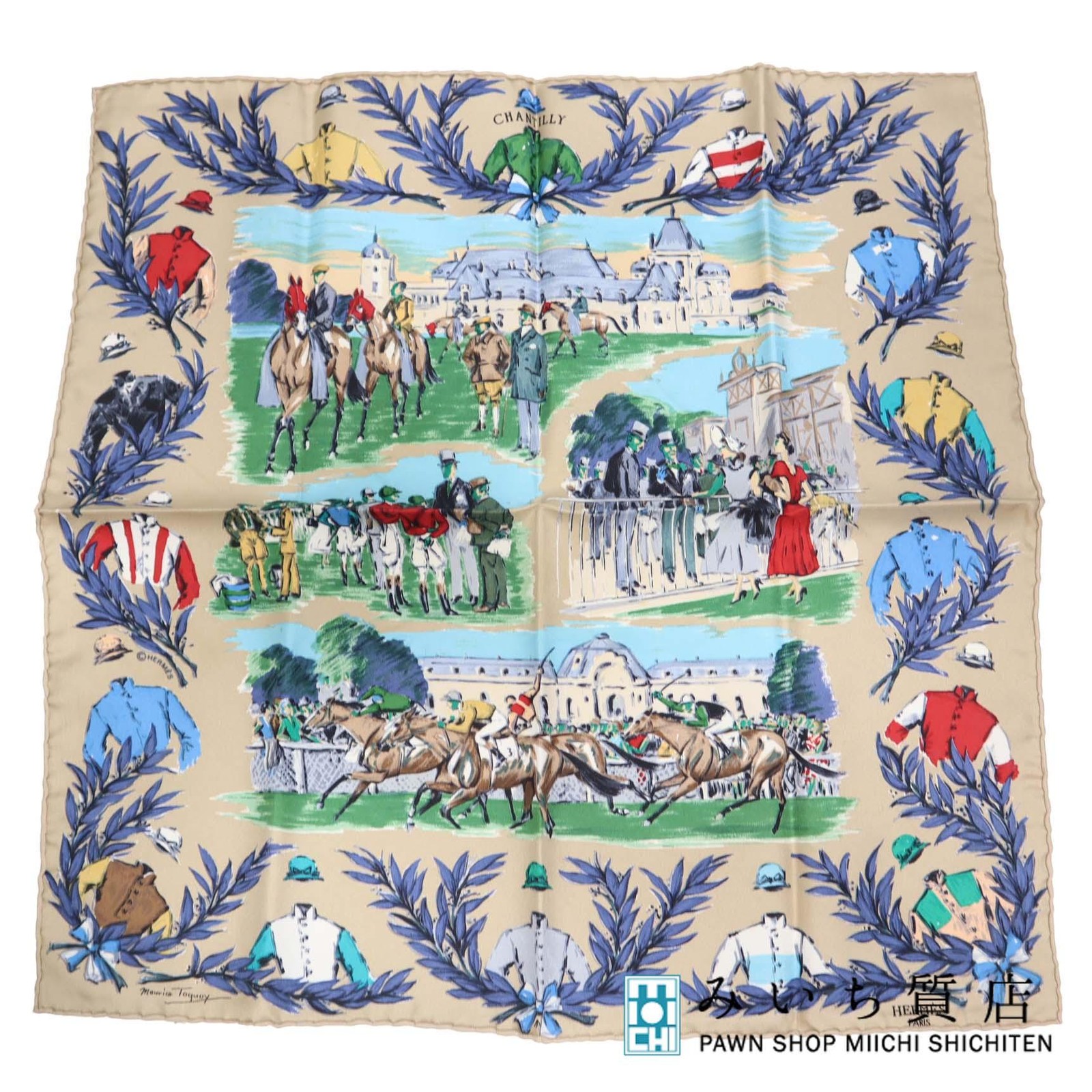 Hermes Chantilly Stadium Silk Scarf 40 Carré 100% Beige Pre-Owned Luxury