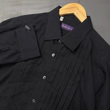 Ralph Lauren Purple Lable Black Pleated Tuxedo Shirt French Cuffs Mens 17 1/2