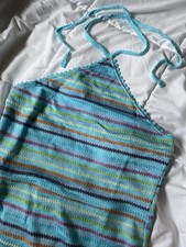 Fashion Nova 90s Y2K Halter Romper Dress Size L Stripes Sky Blue NWT