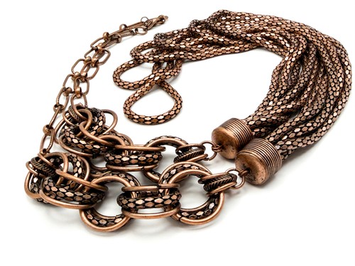 Bronze Tone Multi-Chain Statement Necklace – Paperclip & Mesh Layers, 37”