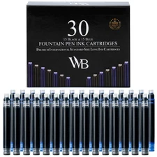 Fountain Pen Ink Refills - Set of 15 Black - 15 Blue Ink Cartridges - Interna...