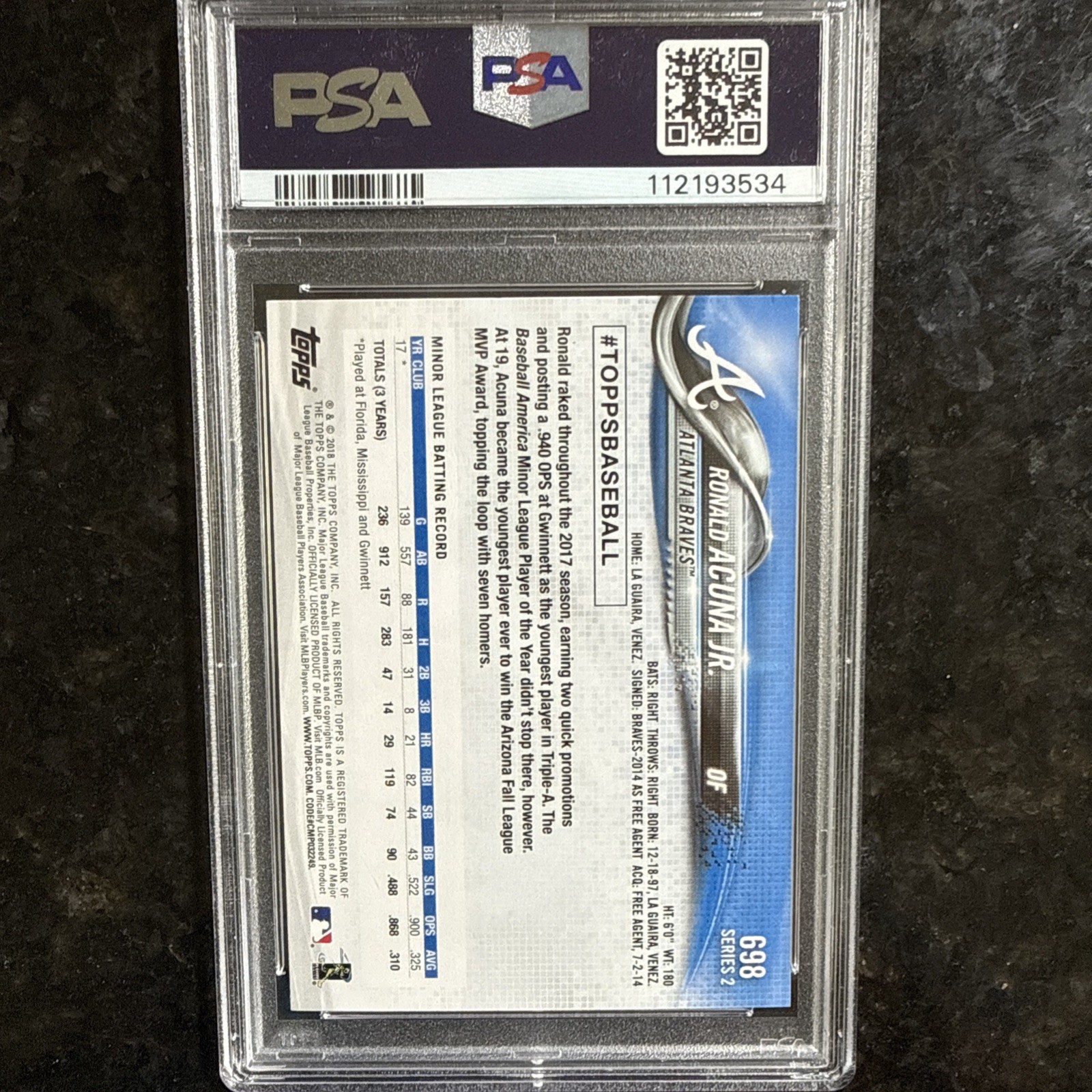 2018 Topps Complete Ronald Acuna Jr Rookie RC #698 PSA 10 GEM MINT Braves view 2