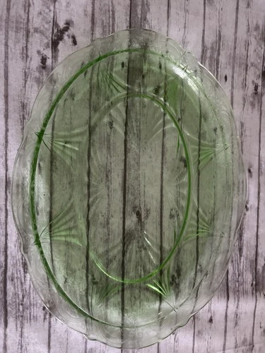 Vintage Green Depression Uranium Glass Platter Oval 13 Inch