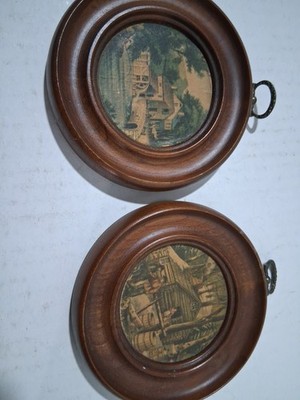 VINTAGE (2)Lithograph Stone Farm House Wooden Frame 4.5  Diameter