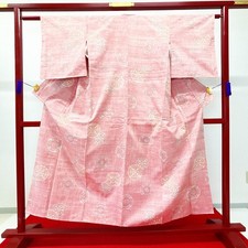 Japanese Kimono 'TSUMUGI' Silk/Light red/Flower/History/Length:152cm N1039