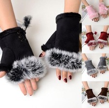 Leather Mittens Warmer Winter Faux Fur Hand Wrist Fingerless Gloves Women Ladies