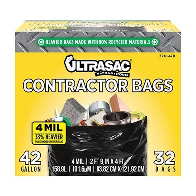 Ultrasac Extra Heavy Duty Contractor Bags - 42 gallons 4 Mil (32 Pack Black 