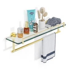 Glass Shelf for Bathroom with Towel Bar,20-Inch Brushed Gold Floating Glass S...