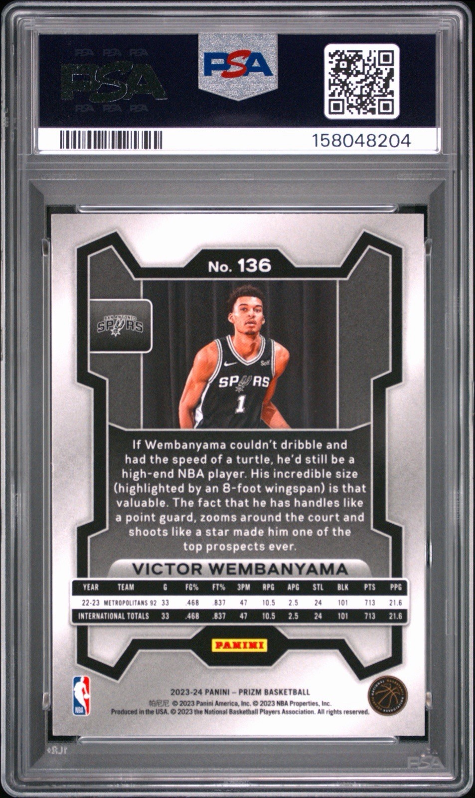 2023 Panini Prizm Victor Wembanyama #136 PSA 10 GEM MINT view 2