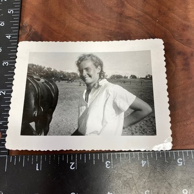 Vintage 1949 Photo Young Woman Smiling Horse Equestrian Ranch Pony Terrell
