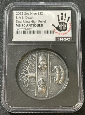 2025 2 Oz .999 Silver Black Hand Bullion Life & Death Dual UHR NGC MS70 Antiqued - Image 1 of 4