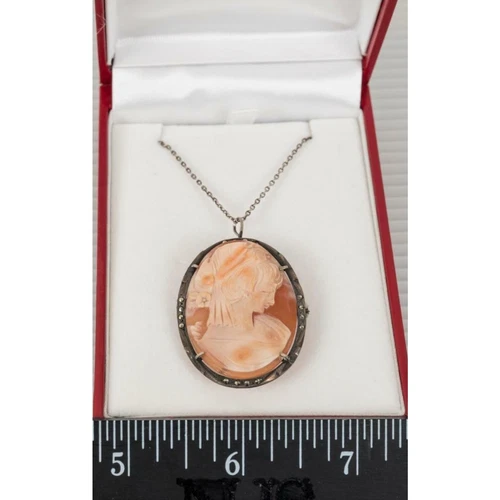 Antique .800 Silver Coral Shell Cameo Pendant & Necklace - Picture 6 of 6