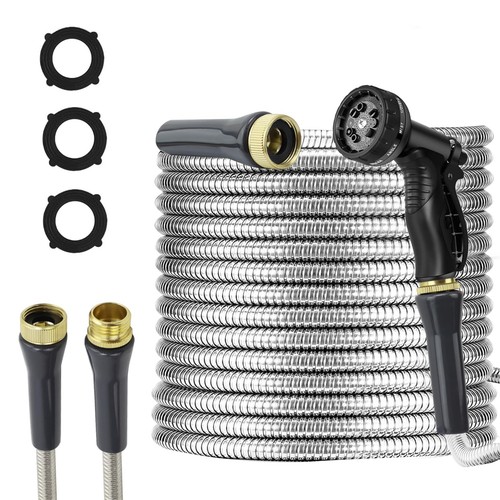 Stainless Steel Garden Hose 75ft Heavy Duty Metal Water Hoses with 10 Functio...