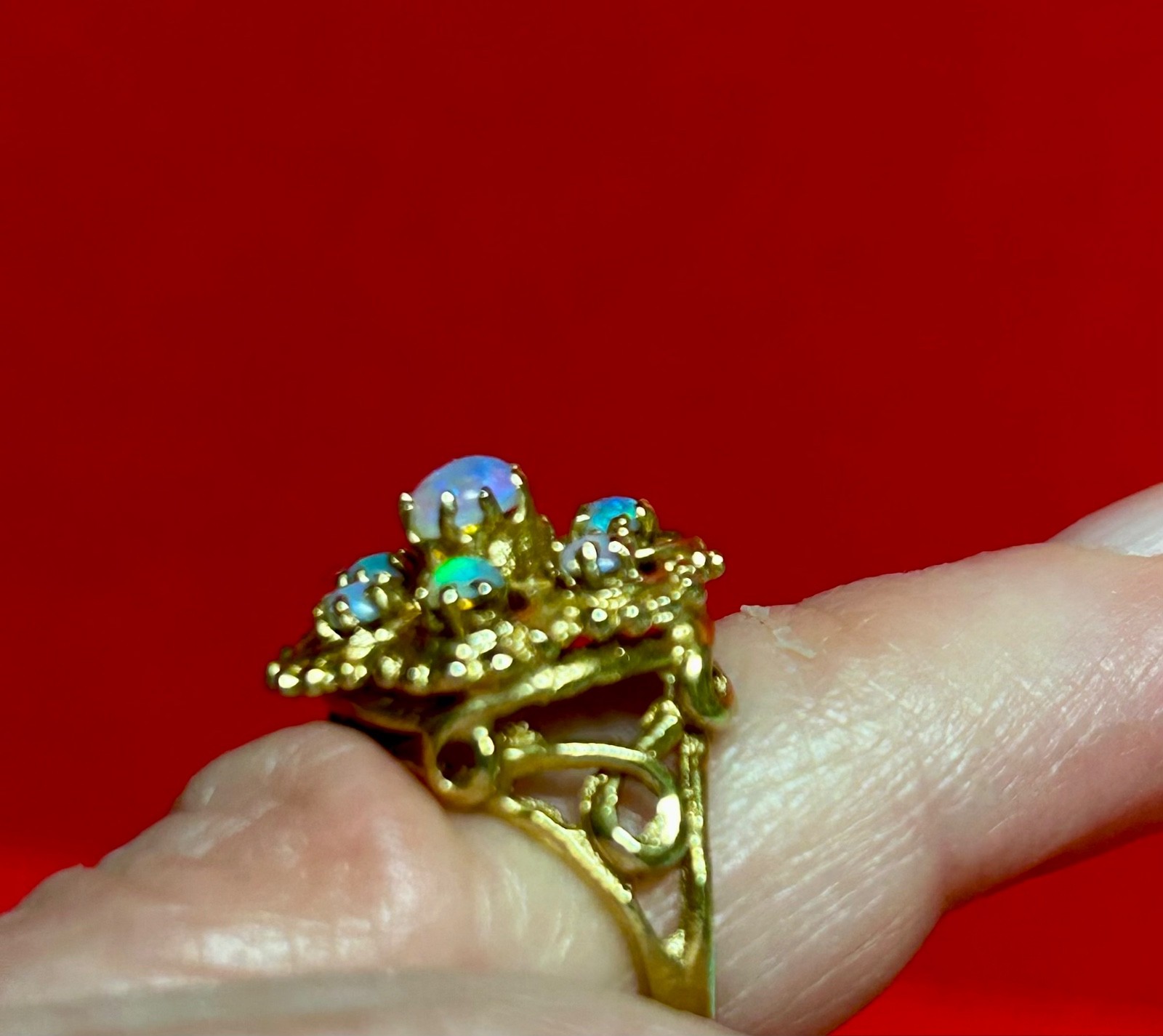 14K Solid Gold Opal Flower Cluster Ring - Size 4 - image 3