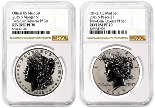 2025 S Morgan & Peace Silver Dollar $1 Reverse Proof  Two Coin NGC PF70 #377