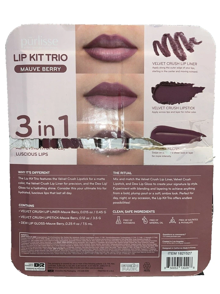 Kit de labios Purlisse Trio Mauve Berry - Elevate Your Lip Game - caja abierta Foto 2 de 2