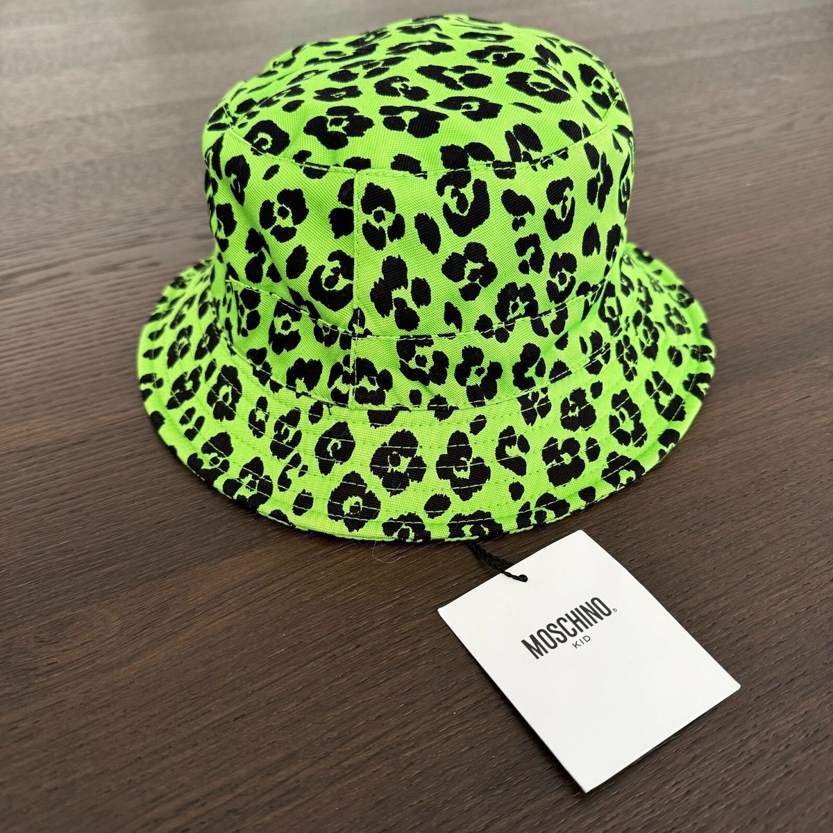 MOSCHINO KID green wide brim bucket hat w/ Leopard print size 58