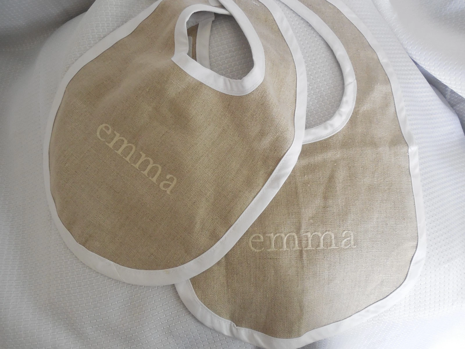 Mark and Graham Natural Linen Baby Bibs "emma" Set of 2 White Trim NWOT