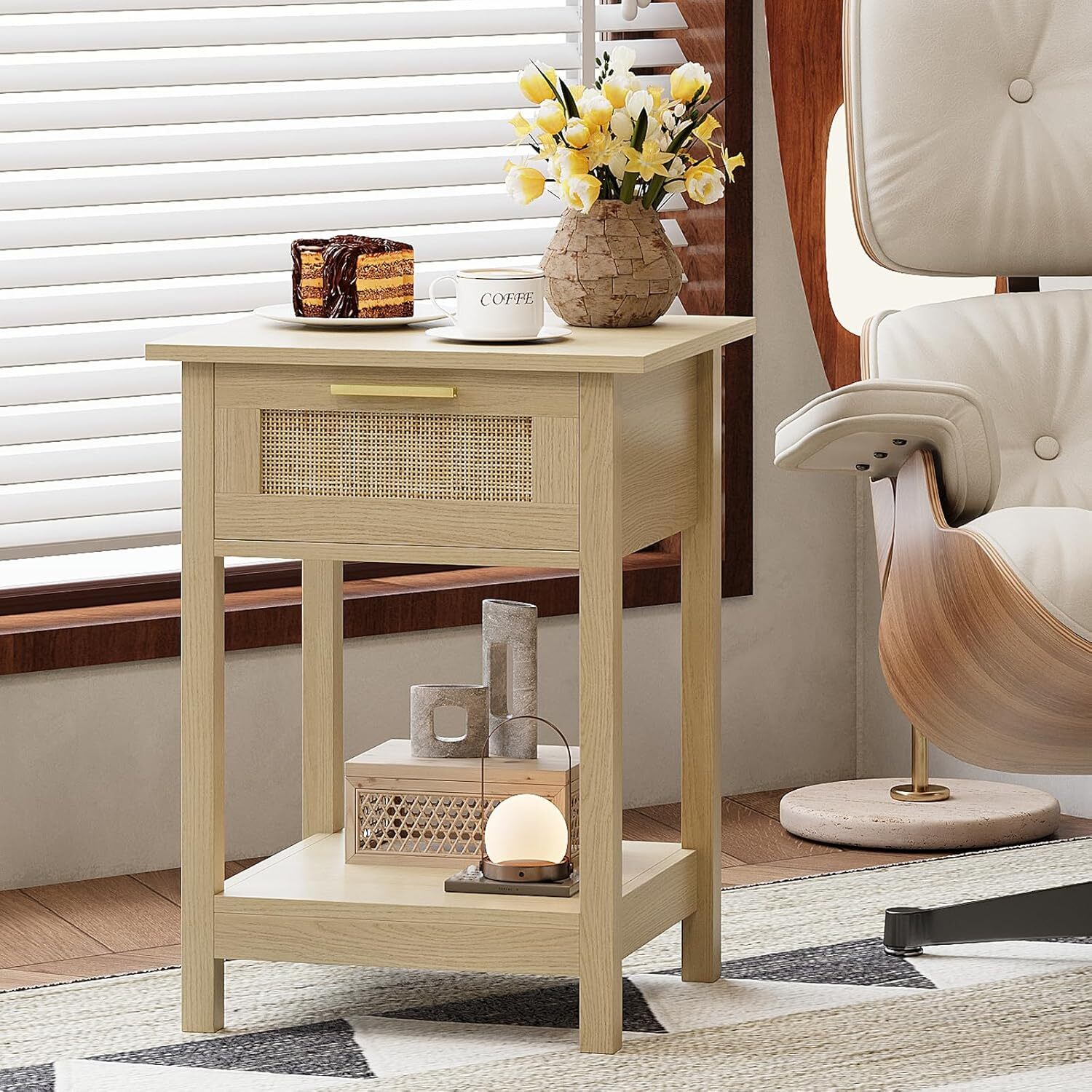 Boho Nightstand with Storage Drawer and Open Shelf Wooden Bedside Table