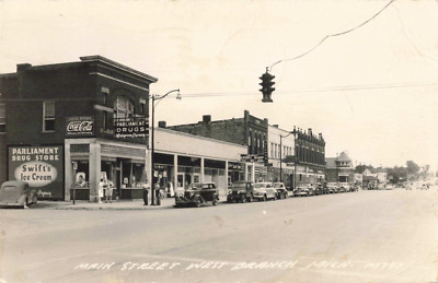 West Branch MI Main St. Coca Cola Swift's Ice Cream Cars 1948 RPPC Postcard 760