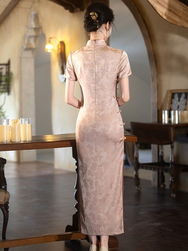 Qipao New Style Young New Chinese Womens Pink Summer 100% Silk Long Style Dress - Picture 7 of 18