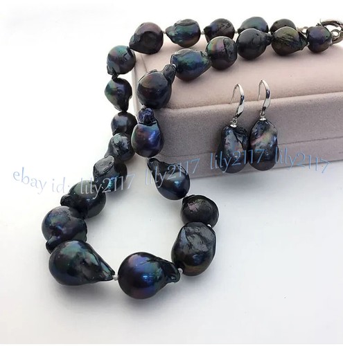 Natural Reborn Keshi Black Baroque Freshwater Pearl Necklace Earrings Set 18'' - Picture 5 of 10