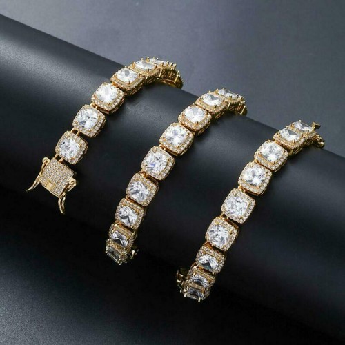 Brazalete de Hip Hop Baguette de tenis helado inundado enchapado en oro 14K para hombre A9003-G - Imagen 2 de 5