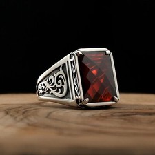 Solid Real Sterling Silver Garnet Stone Men's Ring All Size       TR182