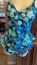 Vintage MAXINE Blue Floral Swim Dress Bathing Suit Size 10