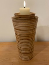 HAND TURNED MULTI WOOD VOTIVE CANDLE HOLDER 10.5" TALL -NEW