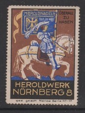 Sello publicitario alemán - Serie Norica #17 agujas de heraldo Núremberg, hombre a caballo