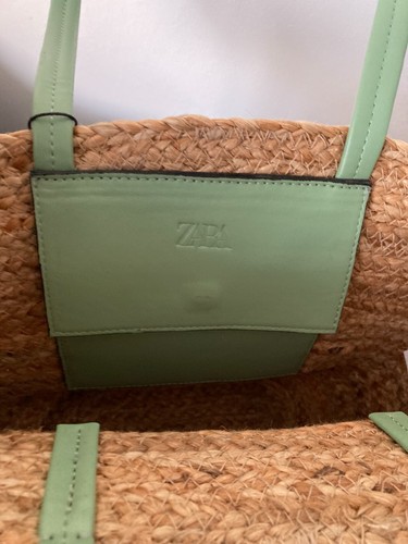 ZARA small JUTE basket TOTE BAG green pu leather handles pocket green NEW - Picture 17 of 19