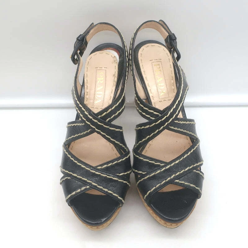 Sandalias Prada con plataforma de corcho entrecruzadas de cuero negro talla 36,5 tacones con cordones Foto 3 de 4
