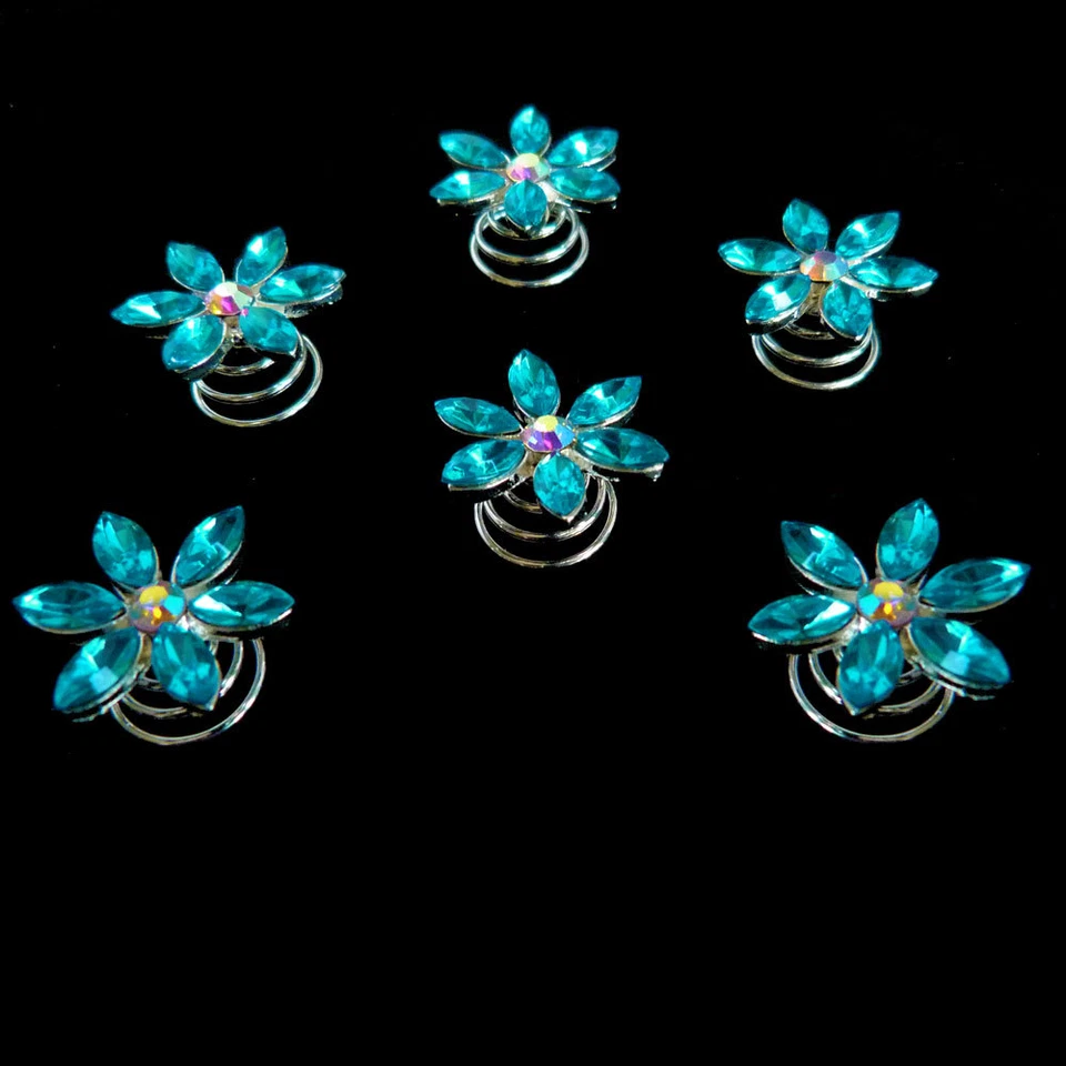 6 spirales twister cheveux mariage mariée fleur strass bleu turquoise et irisé - Photo 3/3