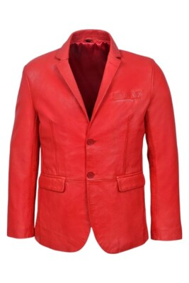 Men's Red Blazer Pure Lambskin Leather Slim Fit Custom Made 2 Button Coat Blazer