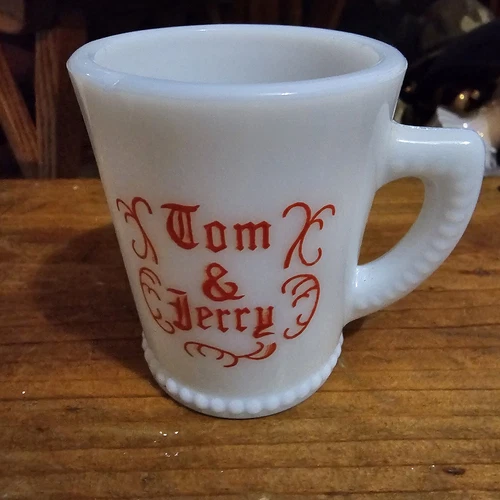 Vintage 1950’s McKee Tom & Jerry Milk Glass 6 oz Cup Mug D Handle, Scroll