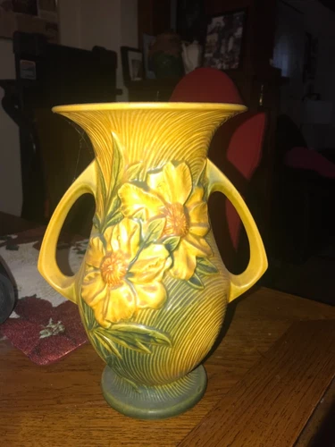 Roseville 66-10" double handled peony vase gold & green ? vintage