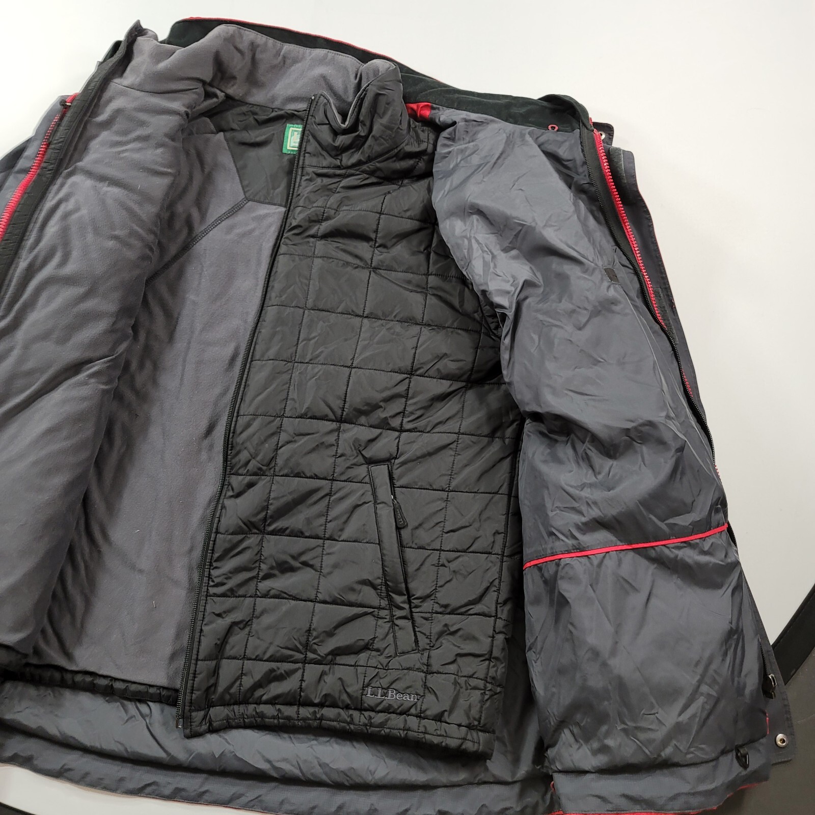 LL Bean 3 in 1 Jacket Mens Large Red Grey Inner Quilted Fleece Puffer Hoody Ski