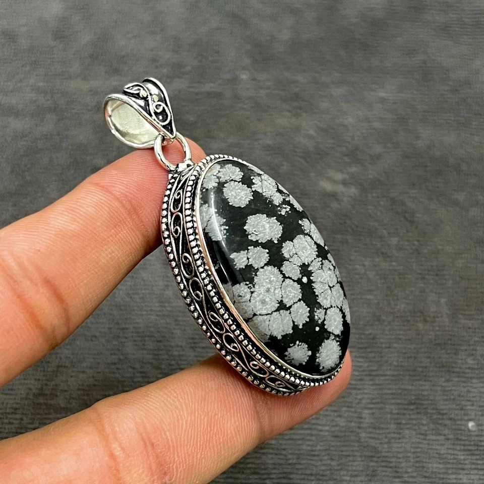 Fiocco di neve ossidiana gemma argento sterling 925 ciondolo gioiello fatto a... - Immagine 2 di 4