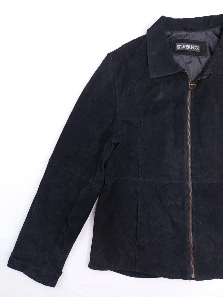 Chaqueta de gamuza de cuero vintage para mujer XL para hombre unisex plateada zorro motociclista negra Foto 2 de 4